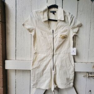 BODY GLOVE Cream Short Sleeve Zip-Up aviator Romper, stretch Size S